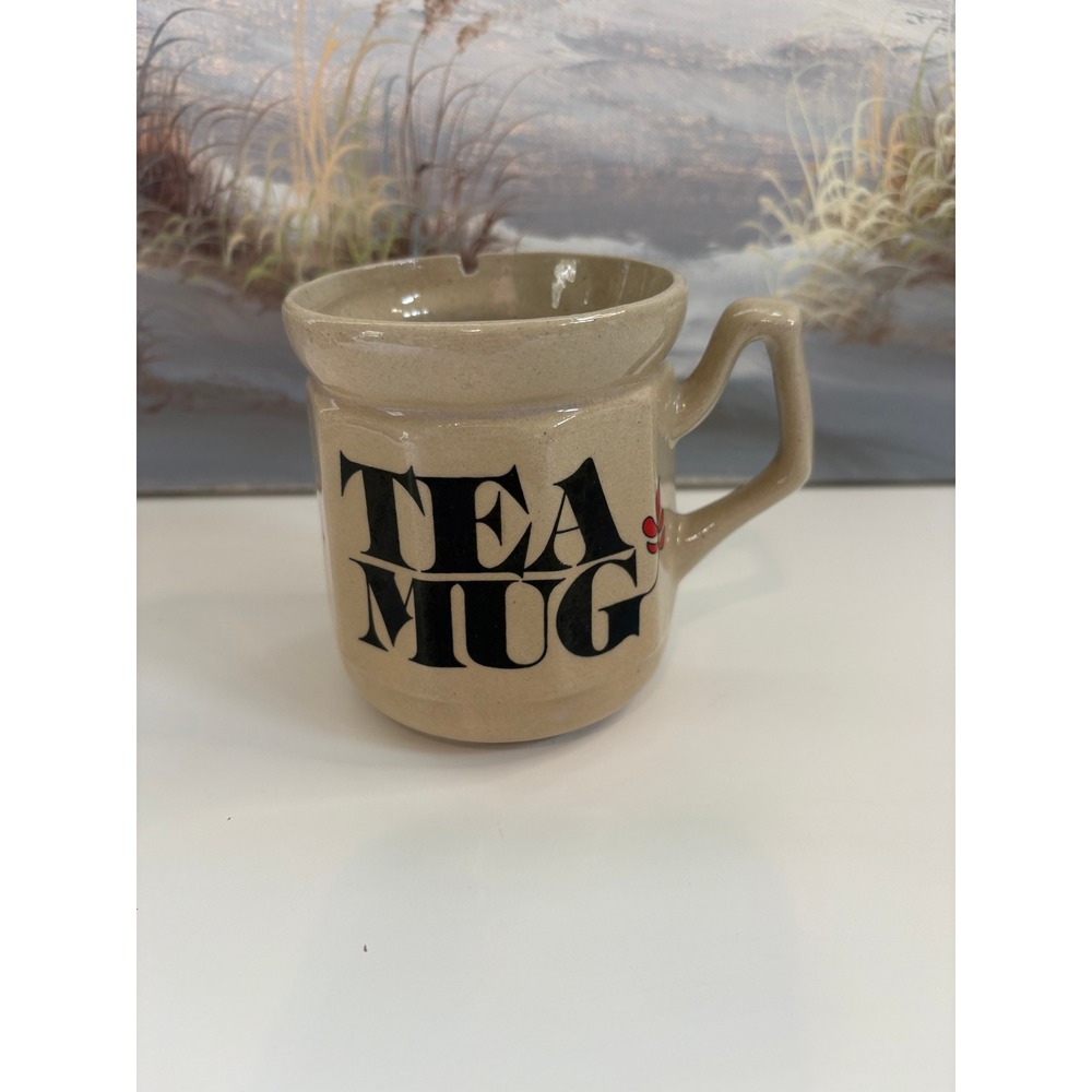 Vintage Ceramic Tea Mug with Tea Bag String Notch Tan Speckled Stoneware Cup